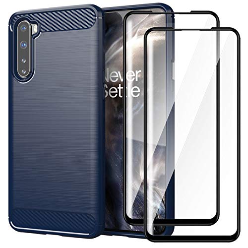 HYMY Hülle für Oneplus Nord + 2 x Schutzfolie Glass -Full Glue Full Cover- Blue Schutzhülle Kohlefaser Weich TPU Handytasche Handyhülle Silikon Handyfall Im Freien Stoßdämpfung Case von HYMY