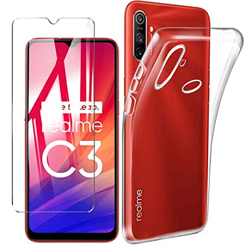 HYMY Hülle für Realme C3 2020 + 1 x Schutzfolie Glass - Transparent Schutzhülle TPU Handytasche Tasche Durchsichtig Klar Silikon Case für Realme C3 2020 (6.5") -Clear von HYMY