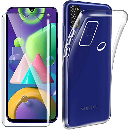 HYMY Hülle für Samsung Galaxy M21 Smartphone + 1 x Schutzfolie Glass - Transparent Schutzhülle TPU Handytasche Tasche Durchsichtig Klar Silikon Case für Samsung Galaxy M21 (6.4") -Clear von HYMY