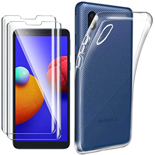 HYMY für Samsung Galaxy A01 Core Hülle (5.3") + 2X Glass Schutzfolie - Transparent Schutzhülle TPU Handytasche Tasche Displayschutzfolie Gehärtetes Glas glassfolie von HYMY