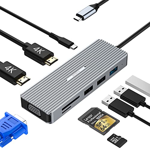 USB C Hub,Dual 4K DockingStation 9 IN 1 Multiport Adapter mit VGA, PD 100 W, USB 3.0 2.0, SD/TF-Kartenleser, kompatibel mit Windows System, MacBook Air/Pro, Chromecast, Samsung, Huawei von HYRTA