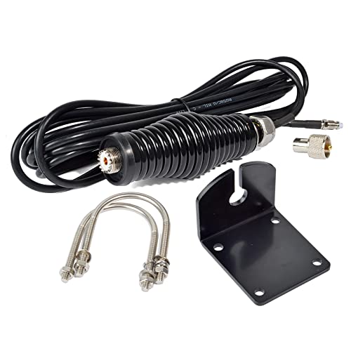 HYS Robuste Zylinderfeder, schwarze Halterung mit SO239 (UHF-Buchse) für HF/UHF/VHF CB UHF Stecker (PL259) Peitsche/Fiberglas-Antenne, W/L-Bügelloch und 2 U-Bolzen, ca. 5 m RG-58 Koaxialkabel von HYS