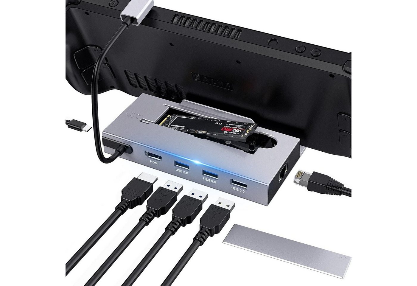 HYTIREBY Festplatten-Dockingstation Steam Deck Dock M.2, 7 in 1 Dockingstation mit SSD Port HDMI 2.0, (7 St), 4K@60Hz, 1000 Mbps Ethernet, 2 USB 3.0 Ports und 100W PD Schnellladung von HYTIREBY