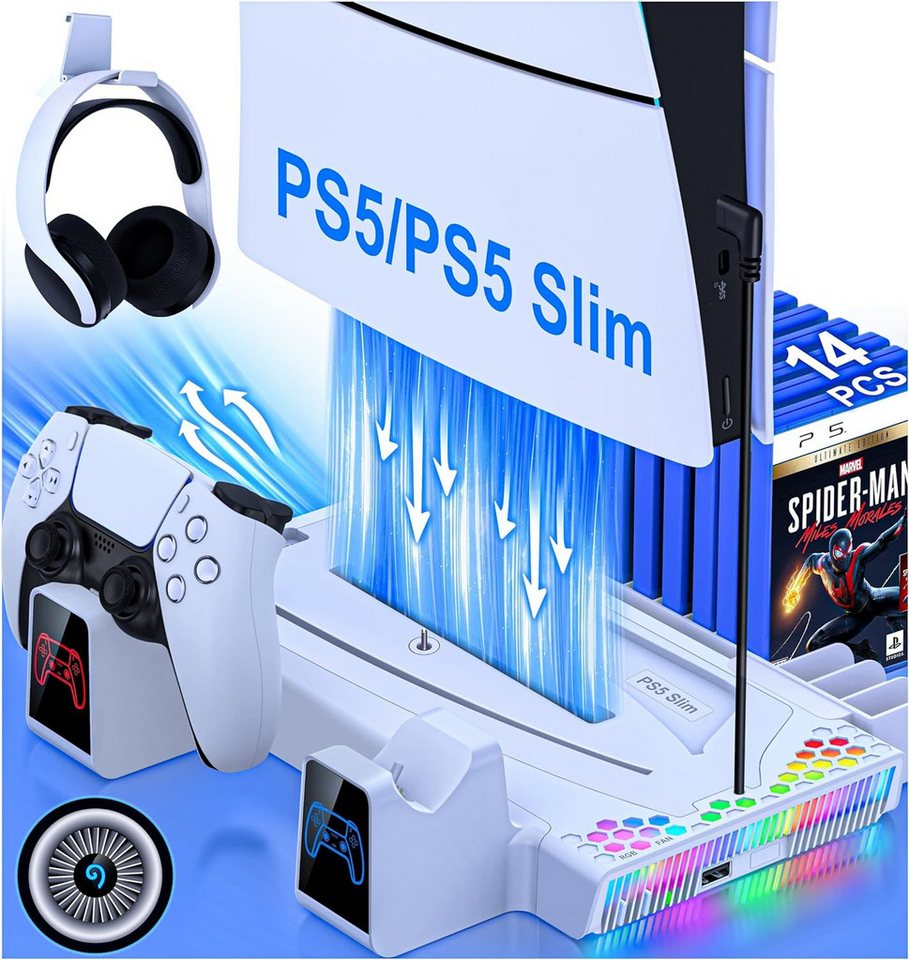 HYTIREBY PS5 Slim Ständer mit PS5 Lüfter für Alle PS5 Slim Controller-Ladestation (1-tlg., für Alle PS5 Slim/PS5 Disc/Digital Edition Konsole) von HYTIREBY