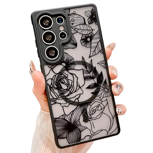HYUEKOKO Kompatibel mit Samsung Galaxy S23 Ultra Hülle mit MagSafe mattem Blumenmuster, niedlich, kratzfest, durchscheinend, für Samsung Galaxy S23 Ultra 17,7 cm (6,8 Zoll), für Damen und Mädchen von HYUEKOKO