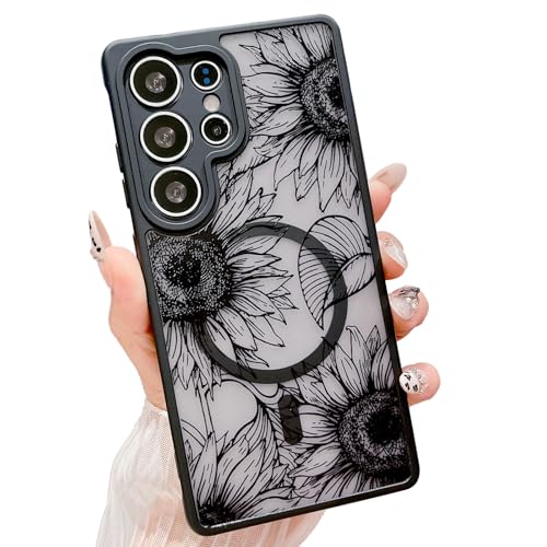 HYUEKOKO Kompatibel mit Samsung Galaxy S25 Ultra Hülle mit MagSafe mattem Blumenmuster, niedlich, kratzfest, durchscheinende Sonnenblumen-Handyhülle für Damen und Mädchen, 17,5 cm (6,9 Zoll), Schwarz von HYUEKOKO