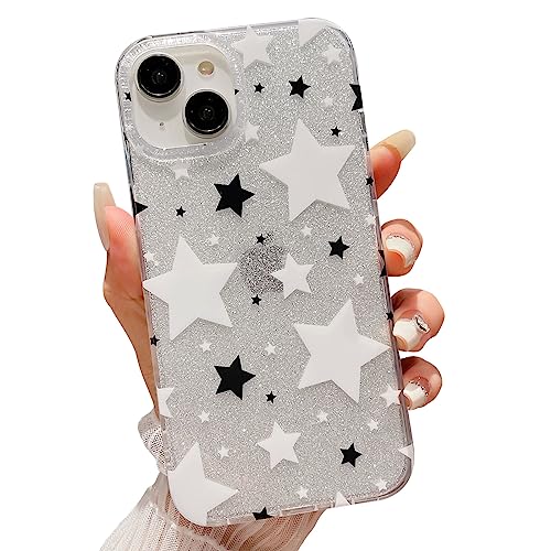HYUEKOKO Kompatibel mit iPhone 13 Hülle Bling Glitzer Weiß Schwarz Sterne Hülle für Frauen Mädchen Slim Hard Back Clear Phone Case Cover für iPhone 13 6,1 Zoll von HYUEKOKO