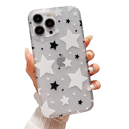 HYUEKOKO Kompatibel mit iPhone 13 Pro Max Hülle Bling Glitzer Weiß Schwarz Sterne Hülle für Frauen Mädchen Slim Hard Back Clear Phone Case Cover für iPhone 13 Pro Max 6,7 Zoll von HYUEKOKO