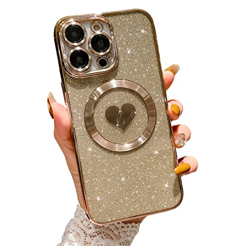 HYUEKOKO Kompatibel mit iPhone 14 Pro 6,1 Zoll Hülle mit Magsafe, Plating Herz Glitzer Magnetische Hülle für Frauen Mädchen TPU Kameraschutz Back Cover für iPhone 14 Pro Gold von HYUEKOKO