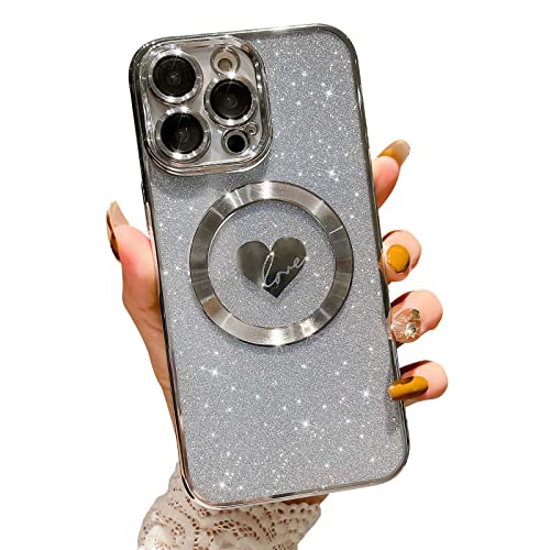 HYUEKOKO Kompatibel mit iPhone 15 Pro Max 6,7 Zoll Hülle mit Magsafe, Plating Herz Glitzer Magnetische Hülle für Frauen Mädchen TPU Kameraschutz Back Cover für iPhone 15 Pro Max Silber von HYUEKOKO