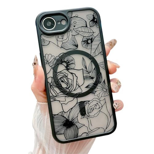 HYUEKOKO Schutzhülle für iPhone 16e, mit magnetischem, mattem Blumenmuster, niedlich, kratzfest, durchscheinend, für Damen und Mädchen, 15,5 cm (6,1 Zoll), schwarze Rose von HYUEKOKO