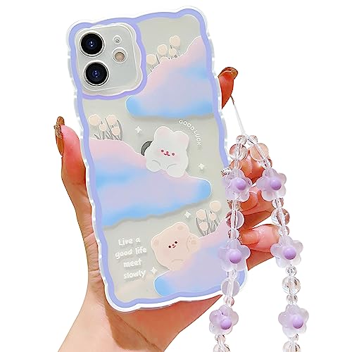 HZLFCZL Handykette Kompatibel mit iPhone 12 Hülle mit Kette,Cute Wolken Blumen Bär Muster Design Handy Kette Schutzhülle,Kameraschutz Handyhülle Girls Women Kawaii Soft TPU Transparent-Lila von HZLFCZL