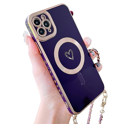 HZLFCZL Magnetisch Handykette für iPhone 11 Pro Max Hülle Kompatibel mit Magsafe Kameraschutz Herz Design Abnehmbar Kordel zum Umhängen Handyhülle Galvanisierte Weich TPU Kameraschutz-Dunkellila HZLFCZL Magnetisch Handykette für iPhone 11 Pro Max Hülle Kompatibel mit Magsafe Kameraschutz Herz Design Abnehmbar Kordel zum Umhängen Handyhülle Galvanisierte Weich TPU Kameraschutz-Dunkellila von HZLFCZL