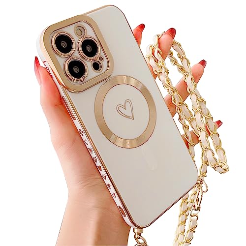 HZLFCZL Magnetisch Handykette für iPhone 12 Pro Max Hülle Kompatibel mit Magsafe Kameraschutz Herz Design Abnehmbar Kordel zum Umhängen Handyhülle Galvanisierte Weich TPU Kameraschutz-White von HZLFCZL