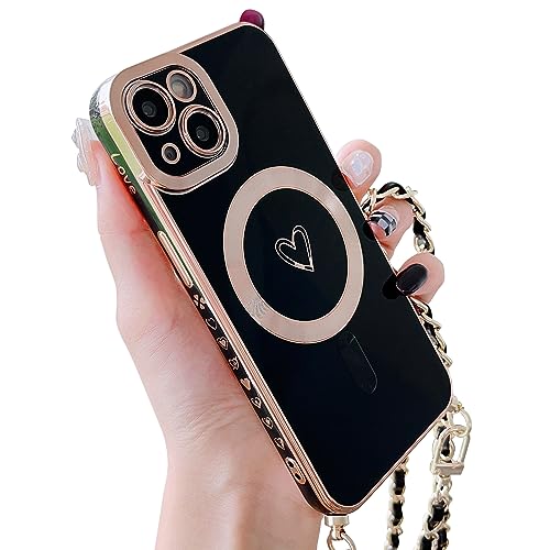 HZLFCZL Magnetisch Handykette für iPhone 14 Hülle Kompatibel mit Magsafe Kameraschutz Herz Design Abnehmbar Kordel zum Umhängen Handyhülle Galvanisierte Weich TPU Kameraschutz-Schwarz HZLFCZL Magnetisch Handykette für iPhone 14 Hülle Kompatibel mit Magsafe Kameraschutz Herz Design Abnehmbar Kordel zum Umhängen Handyhülle Galvanisierte Weich TPU Kameraschutz-Schwarz von HZLFCZL