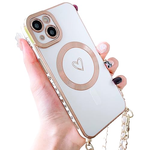 HZLFCZL Magnetisch Handykette für iPhone 14 Hülle Kompatibel mit Magsafe Kameraschutz Herz Design Abnehmbar Kordel zum Umhängen Handyhülle Galvanisierte Weich TPU Kameraschutz-White HZLFCZL Magnetisch Handykette für iPhone 14 Hülle Kompatibel mit Magsafe Kameraschutz Herz Design Abnehmbar Kordel zum Umhängen Handyhülle Galvanisierte Weich TPU Kameraschutz-White von HZLFCZL