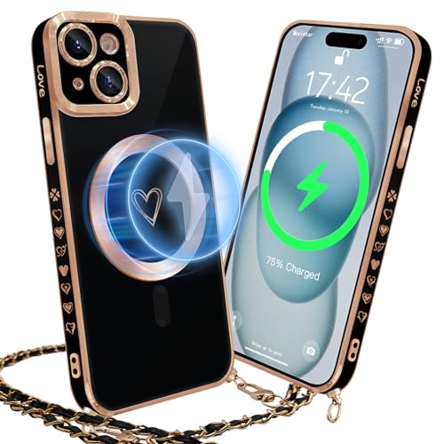 HZLFCZL Magnetisch Handykette für iPhone 15 Plus Hülle Kompatibel mit Magsafe Kameraschutz Herz Design Abnehmbar Kordel zum Umhängen Handyhülle Galvanisierte Weich TPU Case for iPhone 15 Plus-Schwarz HZLFCZL Magnetisch Handykette für iPhone 15 Plus Hülle Kompatibel mit Magsafe Kameraschutz Herz Design Abnehmbar Kordel zum Umhängen Handyhülle Galvanisierte Weich TPU Case for iPhone 15 Plus-Schwarz von HZLFCZL