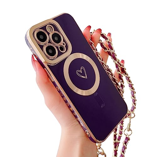 HZLFCZL Magnetisch Handykette für iPhone 15 Pro Hülle Kompatibel mit Magsafe Kameraschutz Herz Design Abnehmbar Kordel zum Umhängen Handyhülle Galvanisierte Weich TPU Case for iPhone 15 Pro-Dunkellila HZLFCZL Magnetisch Handykette für iPhone 15 Pro Hülle Kompatibel mit Magsafe Kameraschutz Herz Design Abnehmbar Kordel zum Umhängen Handyhülle Galvanisierte Weich TPU Case for iPhone 15 Pro-Dunkellila von HZLFCZL