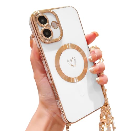 HZLFCZL Magnetisch Handykette für iPhone 16 Hülle Kompatibel mit Magsafe Kameraschutz Herz Design Abnehmbar Kordel zum Umhängen Handyhülle Galvanisierte Weich TPU Stoßfest Phone Case-Weiß HZLFCZL Magnetisch Handykette für iPhone 16 Hülle Kompatibel mit Magsafe Kameraschutz Herz Design Abnehmbar Kordel zum Umhängen Handyhülle Galvanisierte Weich TPU Stoßfest Phone Case-Weiß von HZLFCZL