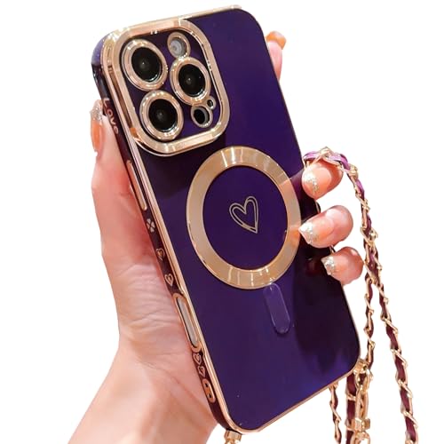 HZLFCZL Magnetisch Handykette für iPhone 16 Pro Max Hülle Kompatibel mit Magsafe Kameraschutz Herz Design Abnehmbar Kordel zum Umhängen Handyhülle Galvanisierte Weich TPU Stoßfest Case-Dunkellila HZLFCZL Magnetisch Handykette für iPhone 16 Pro Max Hülle Kompatibel mit Magsafe Kameraschutz Herz Design Abnehmbar Kordel zum Umhängen Handyhülle Galvanisierte Weich TPU Stoßfest Case-Dunkellila von HZLFCZL