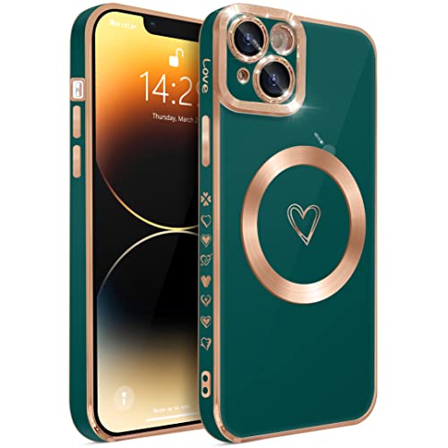 HZLFCZL Magnetisch iPhone 14 Plus Hülle Kompatibel mit Magsafe Herz Mädchen Handyhülle Luxuriös Galvanisierte Weich TPU Kameraschutz Stoßfest Dünn Schutzhülle Phone Case für iPhone 14 Plus-Dunkelgrün von HZLFCZL