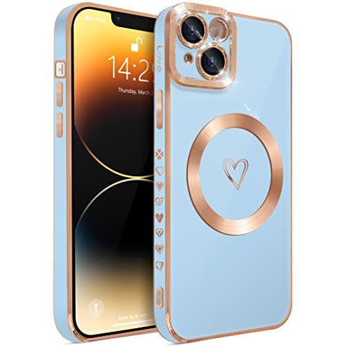 HZLFCZL Magnetisch iPhone 14 Plus Hülle Kompatibel mit Magsafe Herz Mädchen Handyhülle Luxuriös Galvanisierte Weich TPU Kameraschutz Stoßfest Dünn Schutzhülle Phone Case für iPhone 14 Plus-Blau von HZLFCZL