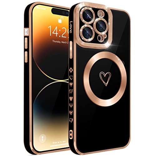 HZLFCZL Magnetisch iPhone 14 Pro Hülle Kompatibel mit Magsafe Süße Herz Mädchen Handyhülle Luxuriös Galvanisierte Weich TPU Kameraschutz Stoßfest Dünn Schutzhülle Phone Case für iPhone 14 Pro-Schwarz von HZLFCZL