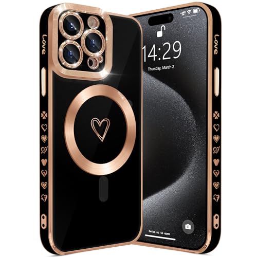 HZLFCZL Magnetisch iPhone 15 Pro Max Hülle Kompatibel mit Magsafe Süße Herz Mädchen Handyhülle Luxuriös Galvanisierte Weich TPU Stoßfest Dünn Kameraschutz Phone Case für iPhone 15 Pro Max-Schwarz von HZLFCZL