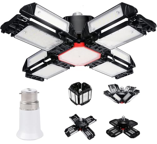 HZSANUE E27 B22 LED Garagenleuchte 200W, Tageslicht weiß 6500K 22500Lm Verformbare Werkstattlampe, LED Deckenbeleuchtung, für Garagen, Keller, Lager(1 Stück) von HZSANUE