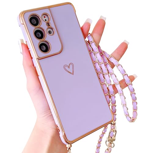 HZYKDWD Handykette Kompatibel mit Samsung Galaxy S21 Ultra 5G Hülle mit Kette,Süße Aesthetic Herz Muster Kameraschutz Handyhülle mit Band Weich TPU Stoßfester Phone Case für-Lila von HZYKDWD