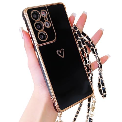 HZYKDWD Handykette Kompatibel mit Samsung Galaxy S21 Ultra 5G Hülle mit Kette,Süße Aesthetic Herz Muster Kameraschutz Handyhülle mit Band Weich TPU Stoßfester Phone Case für-Schwarz von HZYKDWD