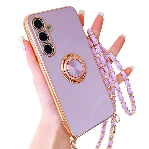 HZYKDWD Handykette Kompatibel mit Samsung Galaxy S23 FE 5G Hülle mit Kette,Süße Aesthetic Galvanik mit drehbarem Ring Kameraschutz Handyhülle Weich TPU Stoßfester Phone Case für-Lila von HZYKDWD