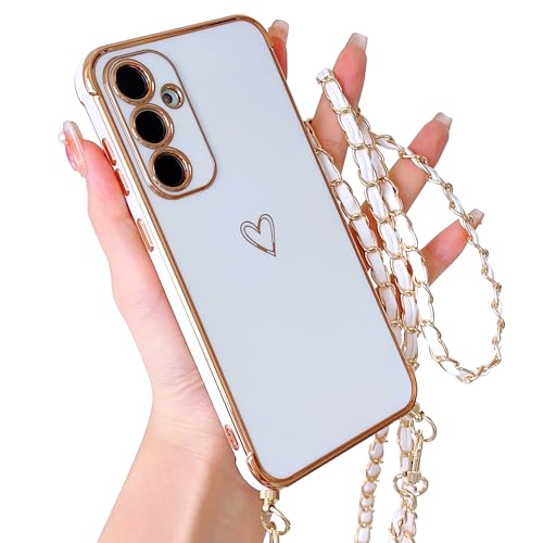 HZYKDWD Handykette Kompatibel mit Samsung Galaxy S23 FE 5G Hülle mit Kette,Süße Aesthetic Herz Muster Kameraschutz Handyhülle mit Band Weich TPU Stoßfester Phone Case für Samsung Galaxy S23 FE-Weiß von HZYKDWD