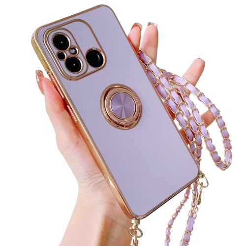 HZYKDWD Handykette Kompatibel mit Xiaomi Redmi 12C hülle mit Kette,Süße Aesthetic Galvanik mit drehbarem Ring Kameraschutz Handy hülle Weich TPU Stoßfester Phone Case-Lila von HZYKDWD