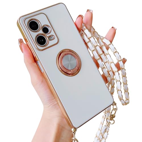 HZYKDWD Handykette Kompatibel mit Xiaomi Redmi Note 12 Pro 5G hülle mit Kette,Süße Aesthetic Galvanik mit drehbarem Ring Kameraschutz Handy hülle Weich TPU Stoßfester Phone Case-Weiß von HZYKDWD