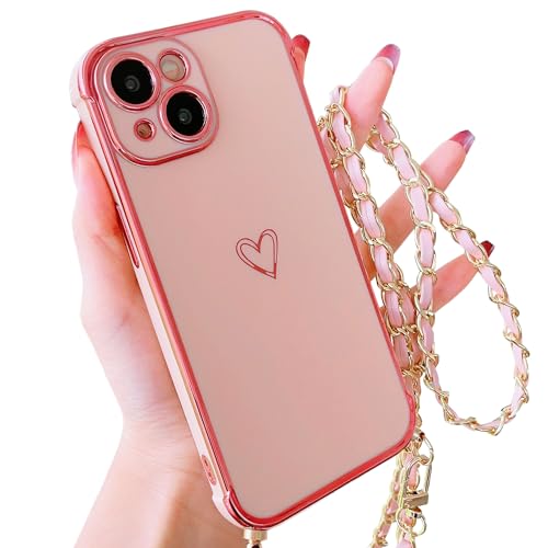 HZYKDWD Handykette Kompatibel mit iPhone 15 Hülle,Süße Aesthetic Herz Muster Kameraschutz Handyhülle mit Band Weich Galvanik TPU Stoßfester Phone Case für iPhone 15-Rosa von HZYKDWD