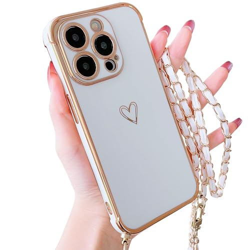 HZYKDWD Handykette Kompatibel mit iPhone 15 Pro Max Hülle,Süße Aesthetic Herz Muster Kameraschutz Handyhülle mit Band Weich Galvanik TPU Stoßfester Phone Case für iPhone 15 Pro Max-Weiß von HZYKDWD