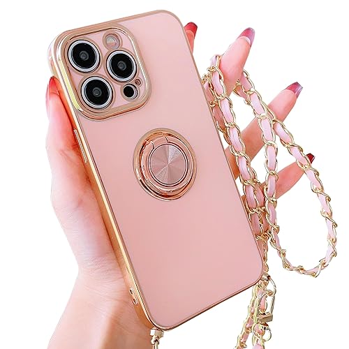 HZYKDWD Handykette Kompatibel mit iPhone 15 Pro Max Hülle mit Kette,Süße Aesthetic Galvanik mit drehbarem Ring Kameraschutz Handyhülle Weich TPU Stoßfester Phone Case für iPhone 15 Pro Max-Rosa von HZYKDWD