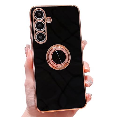 HZYKDWD Kompatibel mit Samsung Galaxy S24 5G hülle,Süße Aesthetic Galvanik mit drehbarem Ring Ständer Kameraschutz Handy hülle Weich TPU Stoßfester Phone Case-Schwarz von HZYKDWD