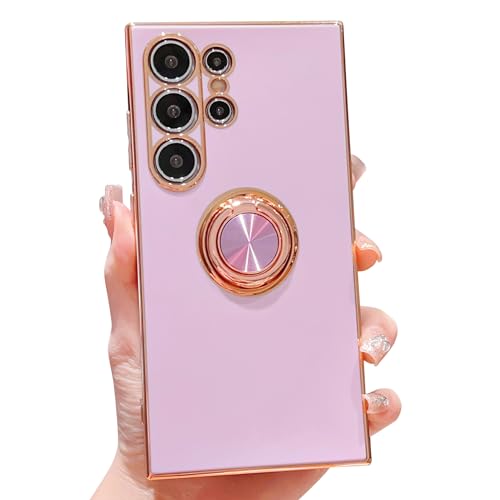 HZYKDWD Kompatibel mit Samsung Galaxy S24 Ultra 5G hülle,Süße Aesthetic Galvanik mit drehbarem Ring Ständer Kameraschutz Handy hülle Weich TPU Stoßfester Phone Case-Lila von HZYKDWD