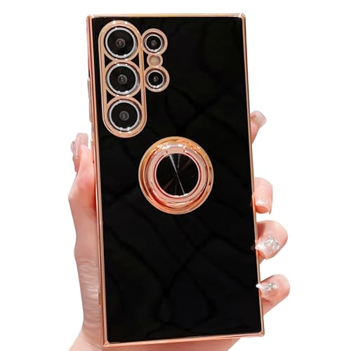 HZYKDWD Kompatibel mit Samsung Galaxy S24 Ultra 5G hülle,Süße Aesthetic Galvanik mit drehbarem Ring Ständer Kameraschutz Handy hülle Weich TPU Stoßfester Phone Case-Schwarz von HZYKDWD