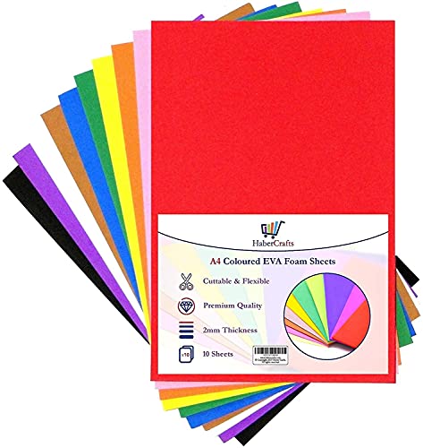 A4 Schaumstoffbögen, EVA-Schaumpapier, Schaumstoffpapier, für Kunst- und Bastelarbeiten, Scrapbooking, Kinder, 2 mm dick, 10 verschiedene Farben (A4, verschiedene Farben) von Habercrafts