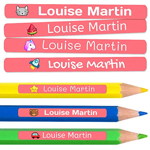 50 personalisierte Klebeetiketten für Bleistifte und Kugelschreiber. Schulaufkleber mit Namen zum Markieren von Gegenständen. Wasserfeste Aufkleber für Schule und Kindergarten Maße 4,6 x 0,6 cm von Haberdashery Online