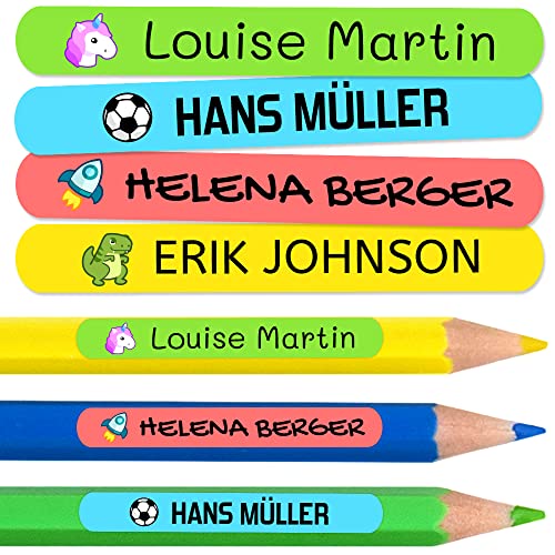 50 personalisierte Namensaufkleber zum Markieren von Bleistiften, Markern, Kugelschreibern. Farbige Etiketten für Kinder in Schule und Kindergarten, wasserfest. Größe 4,6 x 0,6 cm. von Haberdashery Online