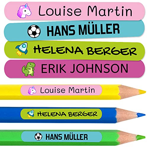 50 personalisierte Namensaufkleber zum Markieren von Bleistiften und Kugelschreibern. Bunte wasserfeste Vinyl-Klebeetiketten für Kinder und Jugendliche in Schule und Kindergarten. Größe 4,6 x 0,6 cm. von Haberdashery Online