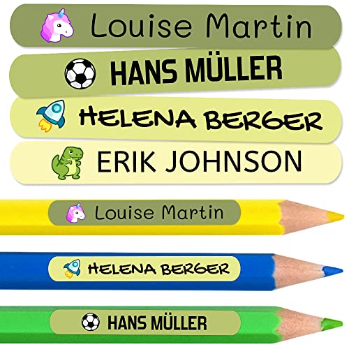 Haberdashery Online 50 personalisierte Namensaufkleber zum Markieren von Bleistiften, Markern, Kugelschreibern. Farbige Etiketten für Kinder in Schule und Kindergarten, wasserfest. Größe 4,6 x 0,6 cm. von Haberdashery Online