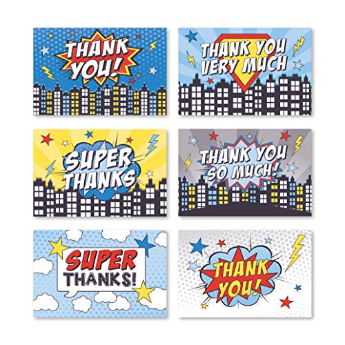 24 Superhelden-Dankeskarten mit Umschlägen, Kinder-Geburtstagsparty oder Erwachsenen-Comic rot blau Bam Pow Dankbarkeit-Zubehör für Abschluss, für Jungen oder Mädchen, Kinder Helden Schreibwaren von Hadley Designs