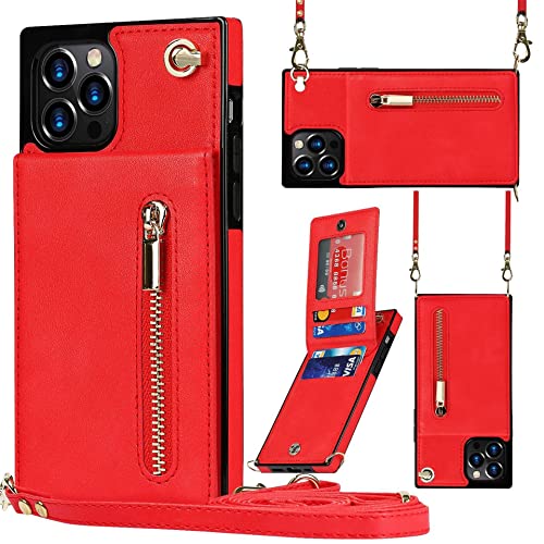 Hadwii für iPhone 11 Hülle Leder mit Band und Brieftasche, Kartenfächern Standfunktion Handyhülle Handytasche zum Umhängen Einstellbar Abnehmbar Necklace Schutzhülle, Rot von Hadwii