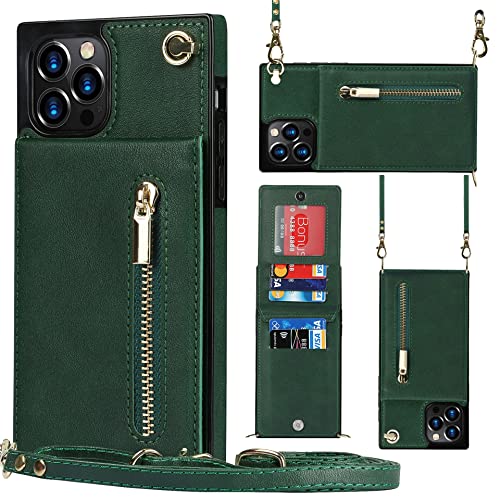 Hadwii für iPhone 14 Pro Hülle Leder mit Band und Brieftasche, Kartenfächern Standfunktion Handyhülle Handytasche zum Umhängen Einstellbar Abnehmbar Necklace Schutzhülle, Grün von Hadwii