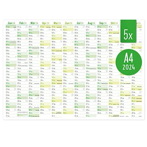 5 x Wandkalender 2024 A4 quer [Grün] + Jahresübersicht 2025 auf der Rückseite |Tafelkalender, Jahresplaner, Jahreskalender, Tischkalender mit Feiertagen | nachhaltig & klimaneutral von Häfft